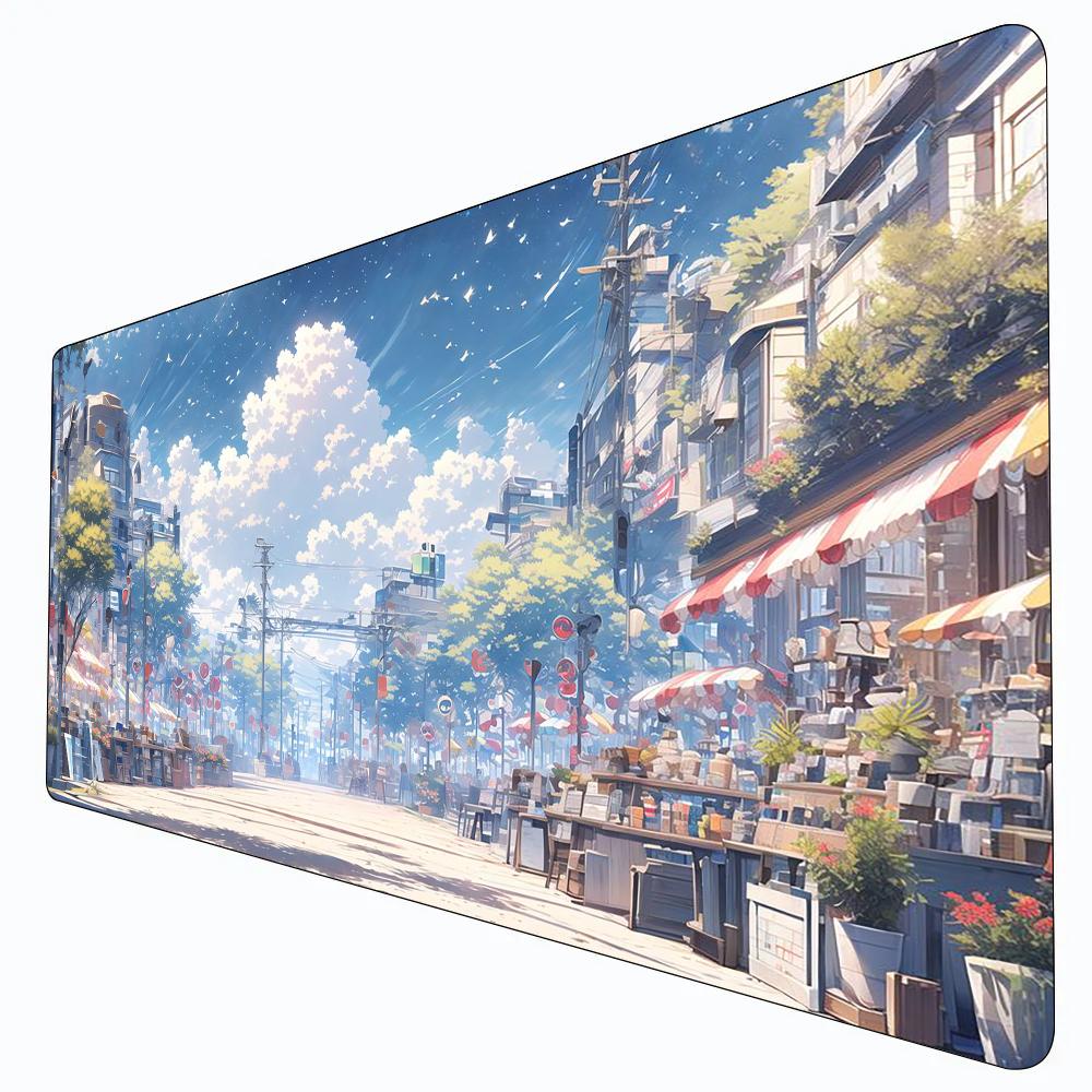 Anime Japanese City Street Summer Market Large Mouse Pad Blue Sky White Cloud Urban Scenery Pc Accessories Tapis De Souris