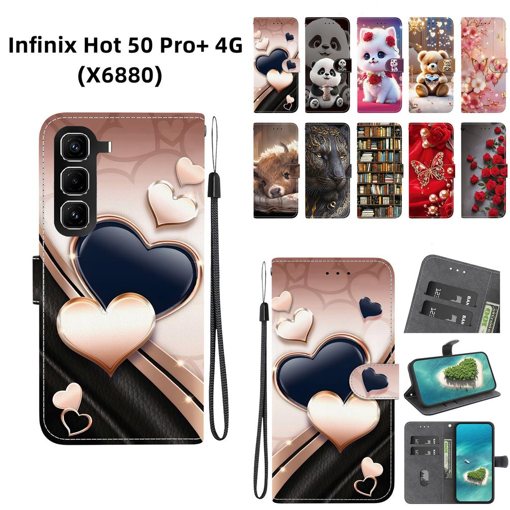 Handmade PU Leather Flip Case for Infinix Hot 50 Pro+ 4G (X6880) Anti-Slip Shockproof Cover with Wrist Strap & Heart/Rose Cat Designs