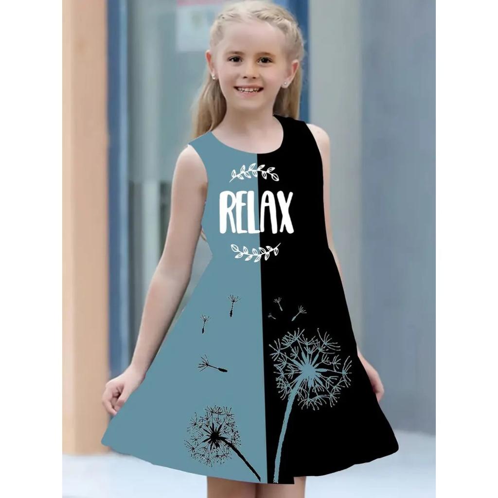 Girls Round Neck Sleeveless Vest Dress Dress Dresses Lovely Splicing Collision Colour Princess Dress 3D Digital Printing