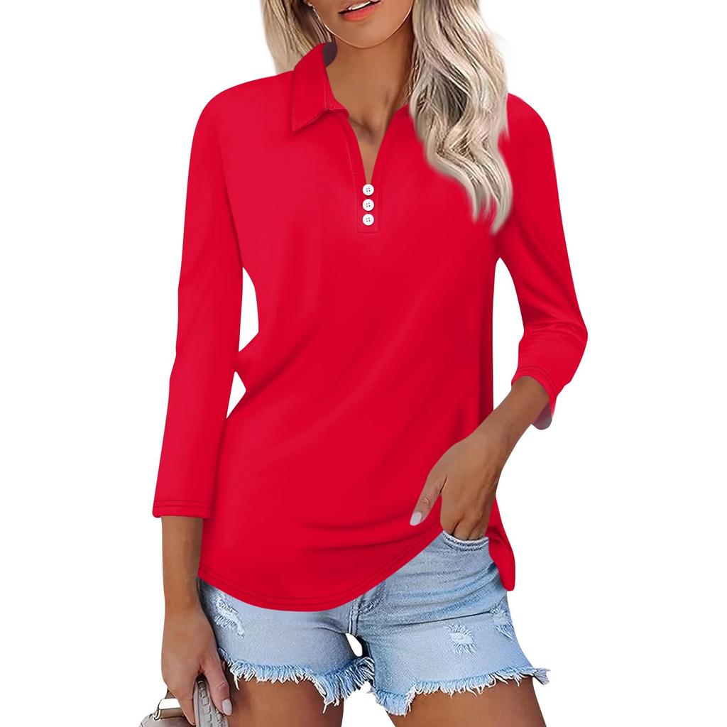 Women's Fashion Casual Lapel 3/4 Sleeve Shirt Women's Button Up Tops