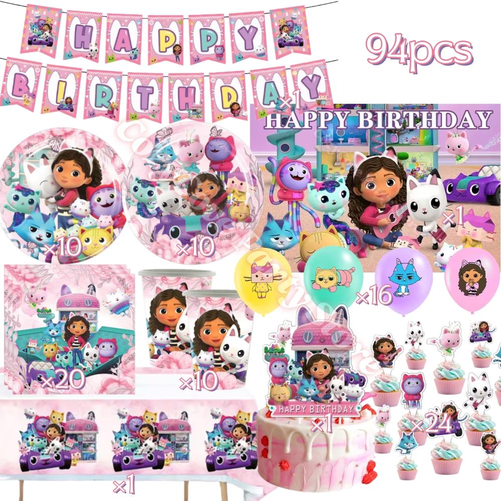 Gabby Dollhouse Birthday Party Decoration Gabby Tableware Bracelets Stikers Cake Topper Balloons For Kids Party Gift Photo Booth