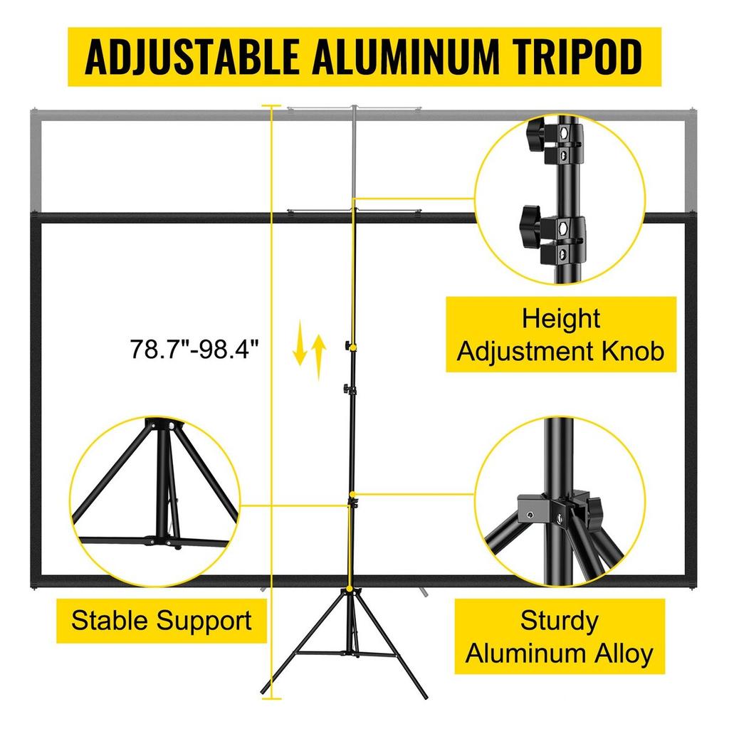 Tripod Projector Screen with Stand 110inch 16:9 4K HD Projection Screen Stand Wrinkle-Free Height Adjustable Portable Screen for Projector Indoor &