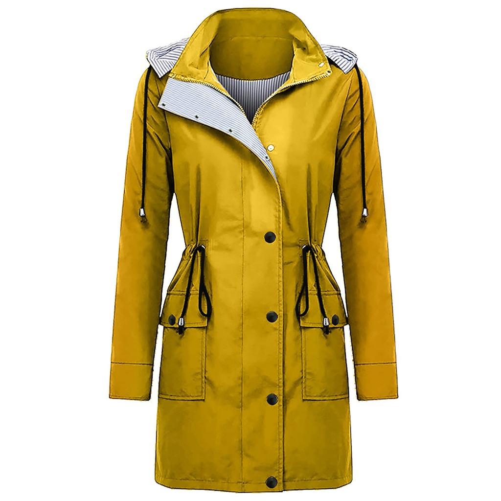 Women Solid Rain Jacket Outdoor Plus Size Waterproof Hooded Windproof Loose Coat