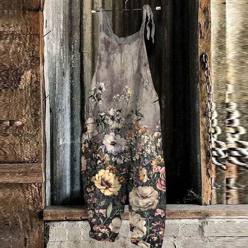 Женский комбинезон с цветочным принтом, повседневный свободный винтажный комбинезон из хлопка и льна