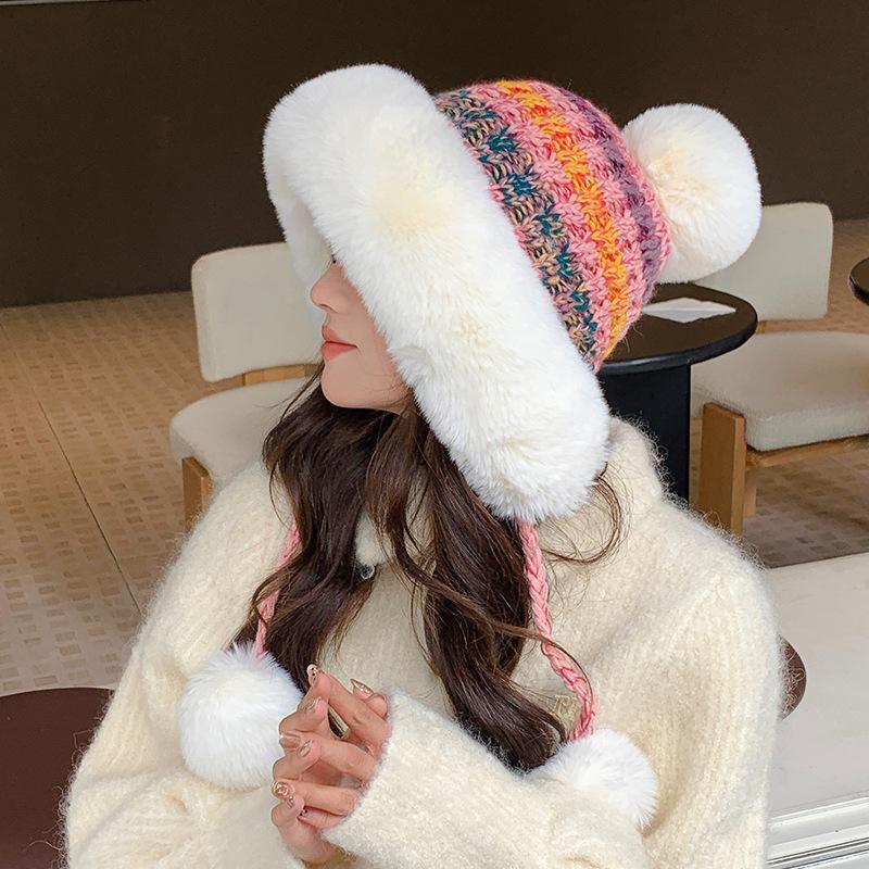 Women's Autumn and Winter Wool Knitted Hat Plush Thickened Warm Windproof Hat Cold Ear Protection Hat for Casual & Formal Outfits, Cold Weather Gear