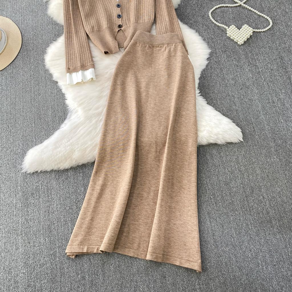 Autumn Winter Women Casual Knitted Sweater Two Piece Set Polo Collar Single Breasted Cardigans Tops and Long Maxi Skirt Suit