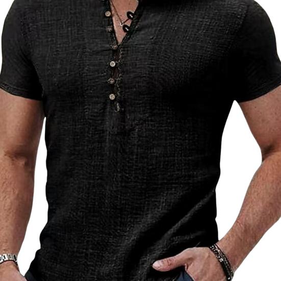 Men's Cotton Linen Shirt Casual Button Top Loose Fit Short Sleeve T-shirt Breathable Summer Clothes for Daily Wear