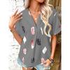 Women's Fashion Casual Summer Spring Feather Print Short Sleeve POLO Neck Blouses & Shirts