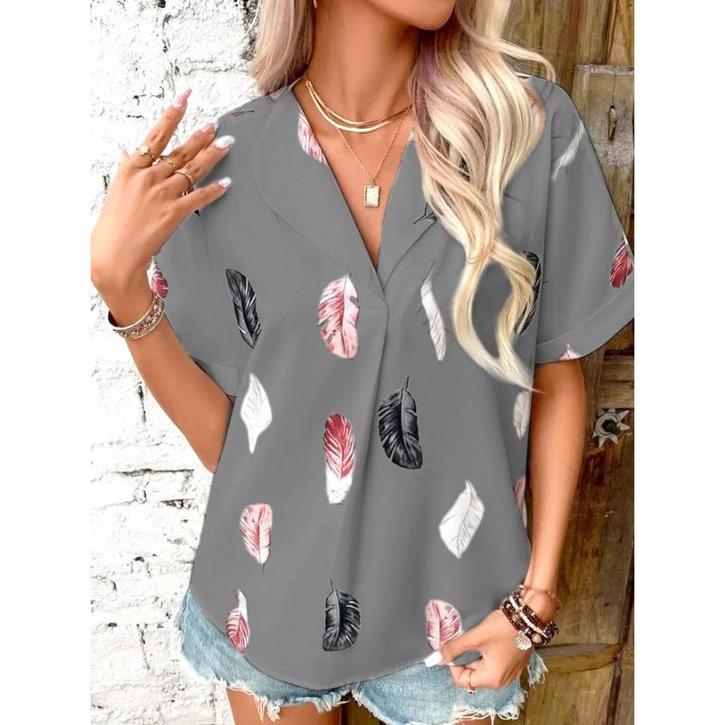 Women's Fashion Casual Summer Spring Feather Print Short Sleeve POLO Neck Blouses & Shirts