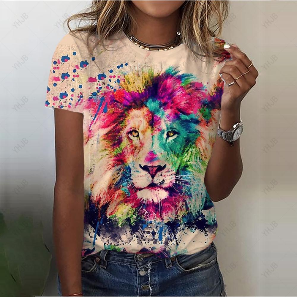 Summer O-Neck Casual Bohemian Print Ladies Tee Shirts Lion 3D Print T Shirt Women Fashion Loose Short Sleeve Tops Oversized