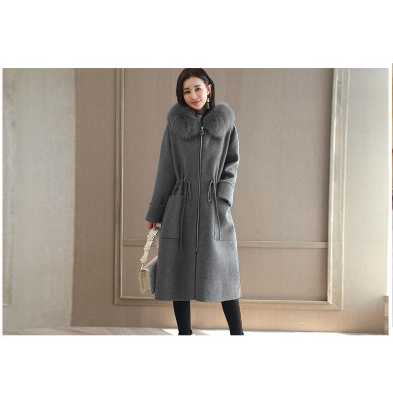 Осенне-зимнее утолщенное шерстяное женское пальто с длинным меховым воротником
