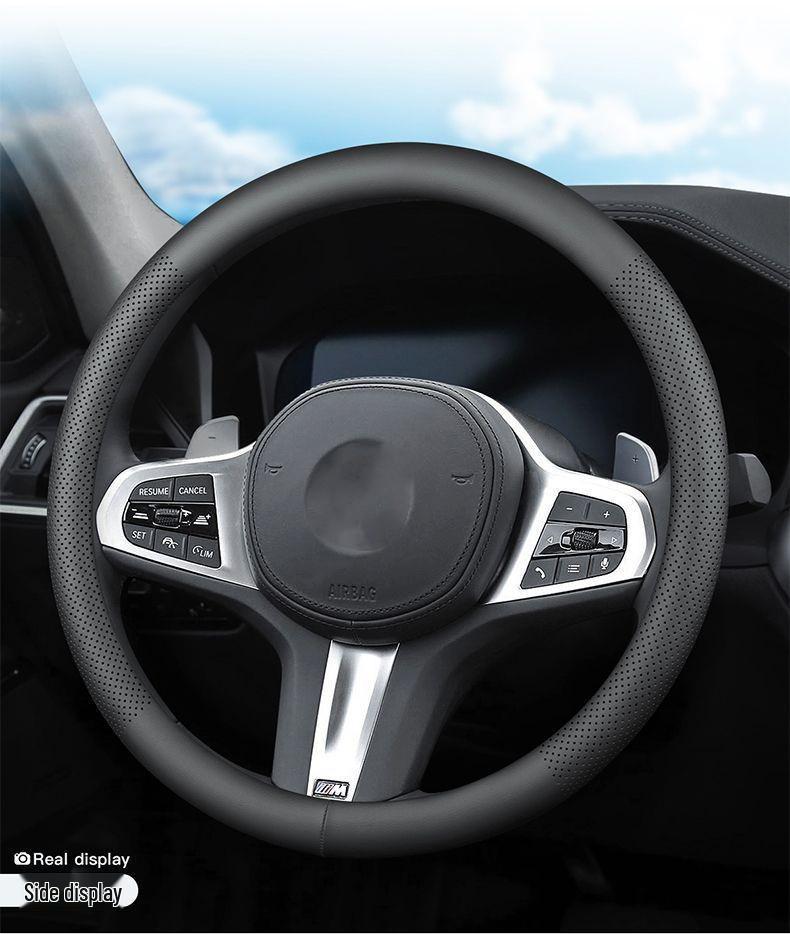 Universal Nappa Leather Steering Wheel Cover - Breathable, Perforated, Sweat-Absorbent, Four Seasons Protection.