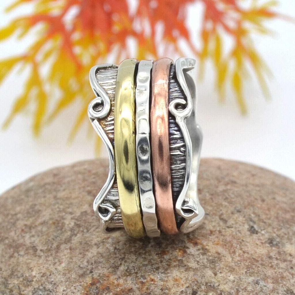 Кольцо-спиннер из стерлингового серебра 925 пробы, дизайнерское кольцо ручной работы для медитации, кольцо-спиннер, подарок на годовщину, трехцветное кольцо, подарок унисекс