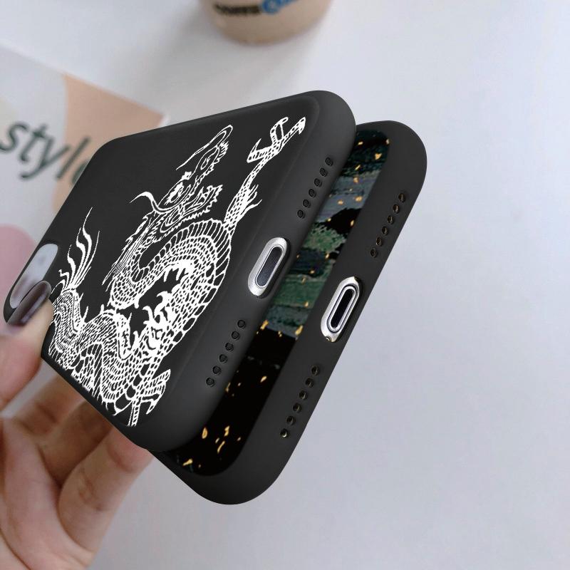 Мягкий силиконовый черный чехол с рисунком Line Chinese Loong для Xiaomi Redmi Note 13 Pro Samsung A55 A35 M35 S24 iPhone Camera Защитный противоударный чехол