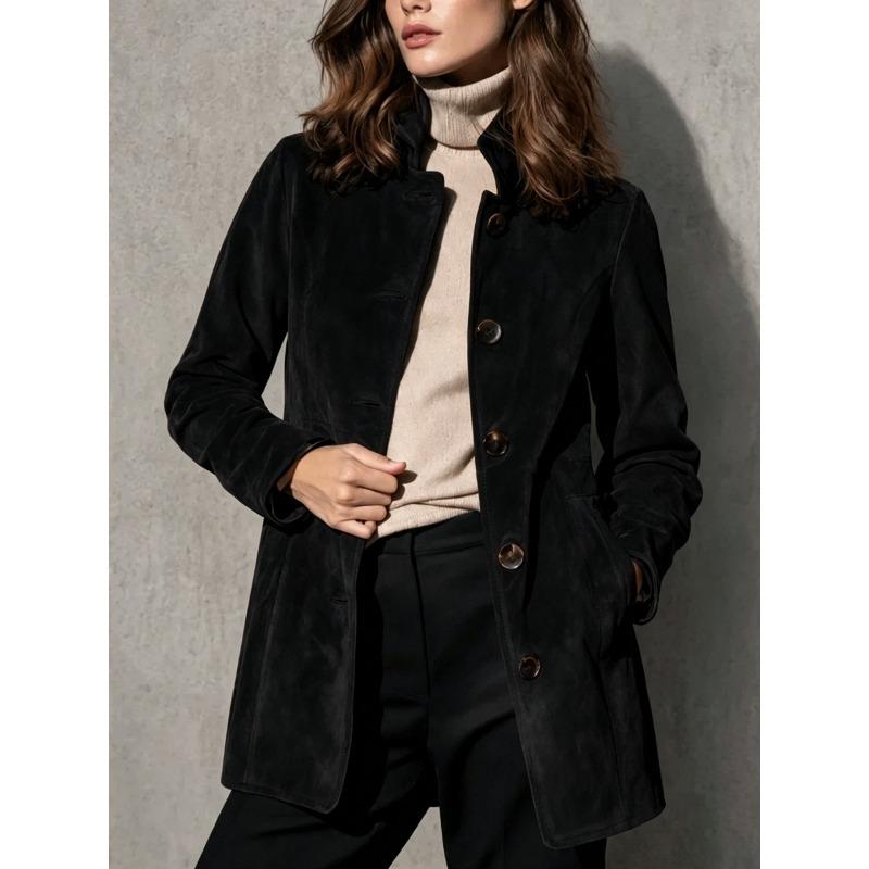 Women S Suede Fabric Lapel Mid Length Loose Casual Coat