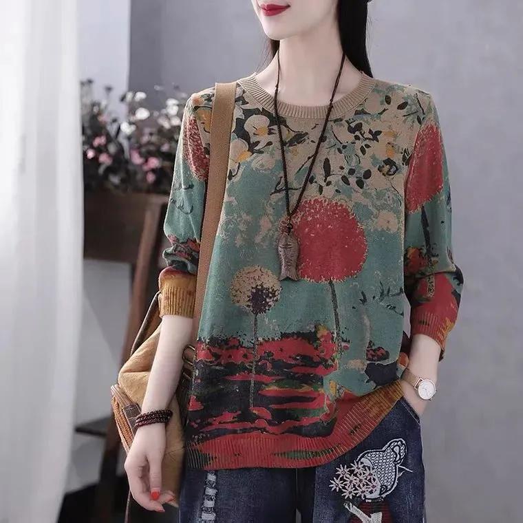 Женский весенний дизайн, вязаный свитшот с принтом, с круглым вырезом, осенний топ