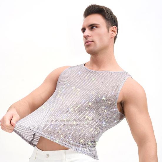 Мужской блестящий жилет со стразами, прозрачная сексуальная майка с круглым вырезом без рукавов для музыкального фестиваля, рейва, ночного клуба, бара, вечеринки