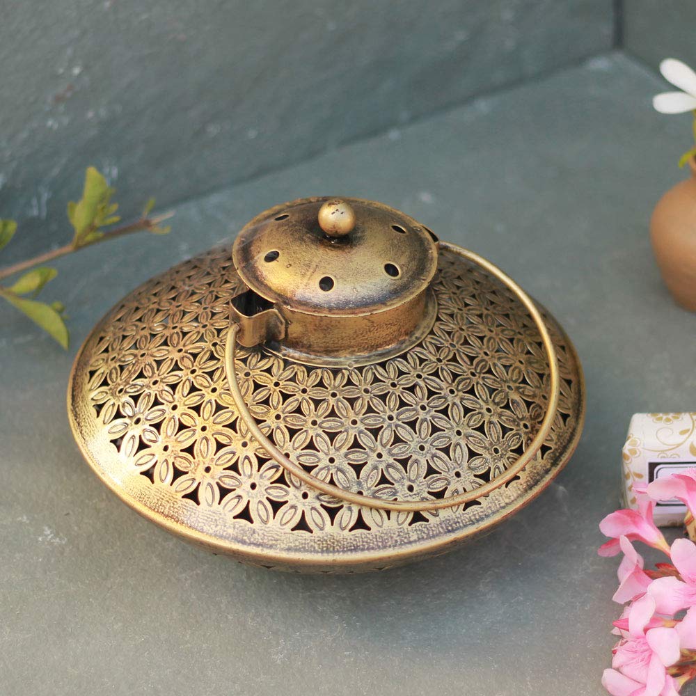 Antique Degchi Dhoop Dani Pot - Vintage & Heritage Decor Incense Dhoop Holder (Iron, Round, Antique Finished Golden)