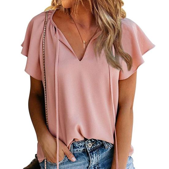 Женская футболка с цветочным принтом и V-образным вырезом с рюшами и коротким рукавом, уличная одежда