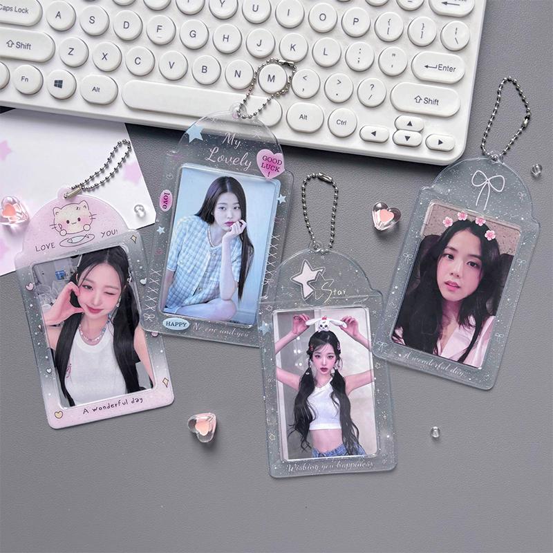 Прозрачный держатель для фотокарточек с блестящими сердечками Kpop Карточка для еды Карточка для автобуса Защитный чехол для фотокарточки Подвеска 1 шт.