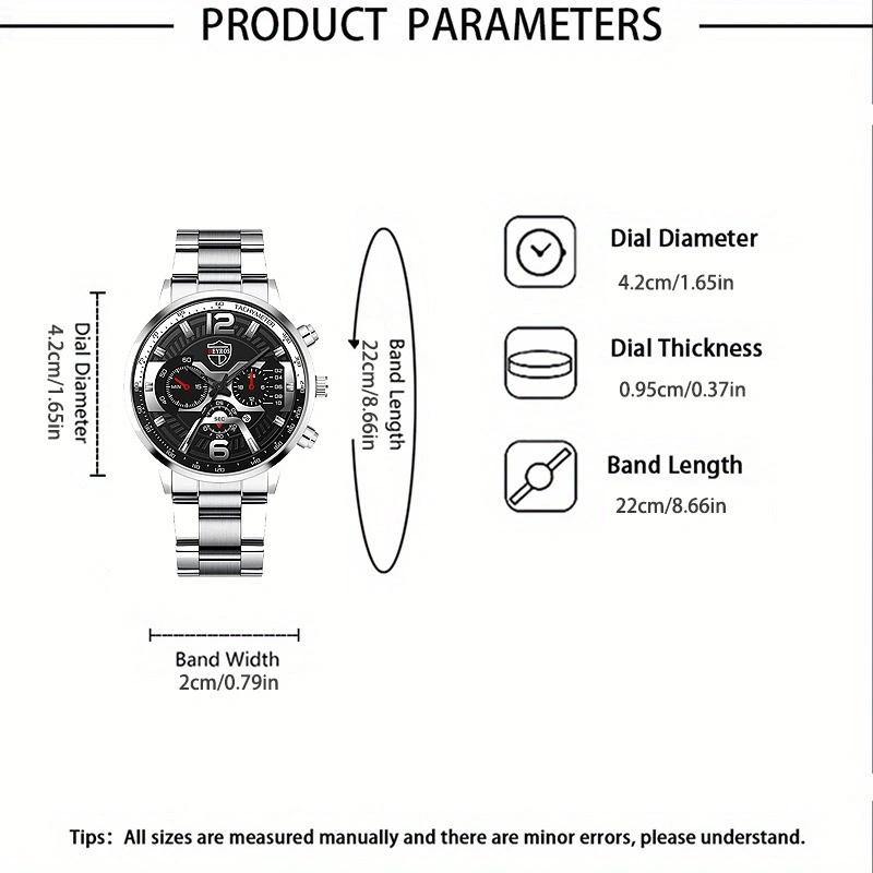 3pcs/set, Fashion Men's Calendar Sports Quartz Watch with Stainless Steel Strap & Bracelet & Necklace, Best Gifts for Him