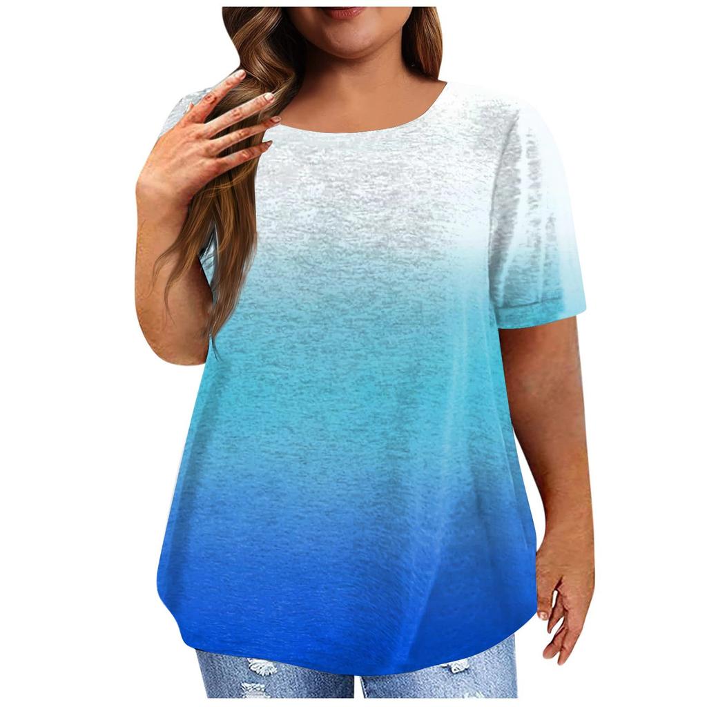 Women's Vintage Gradient Pleated Short Sleeve Casual T-shirt Top Plus Size Pullover Basic Top