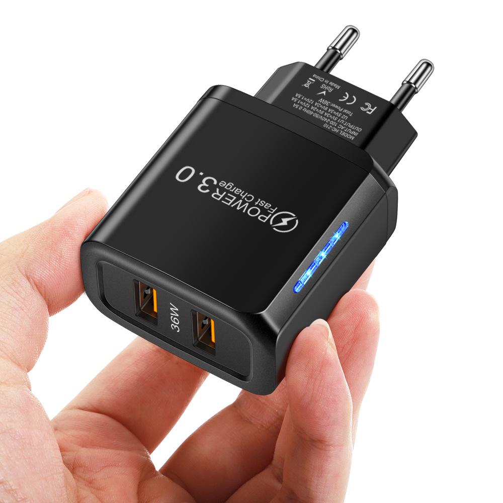 Быстрое зарядное устройство 36 Вт с двумя портами USB и светодиодной индикацией, двойной порт, дорожный адаптер