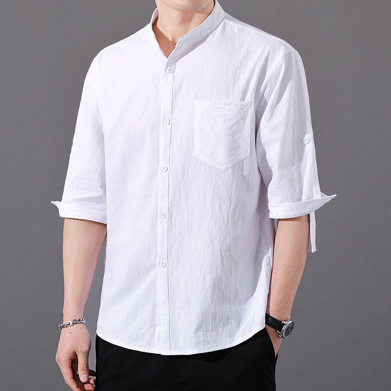 Men's Loose Casual Three-Quarter Sleeve Cotton and Linen Shirt