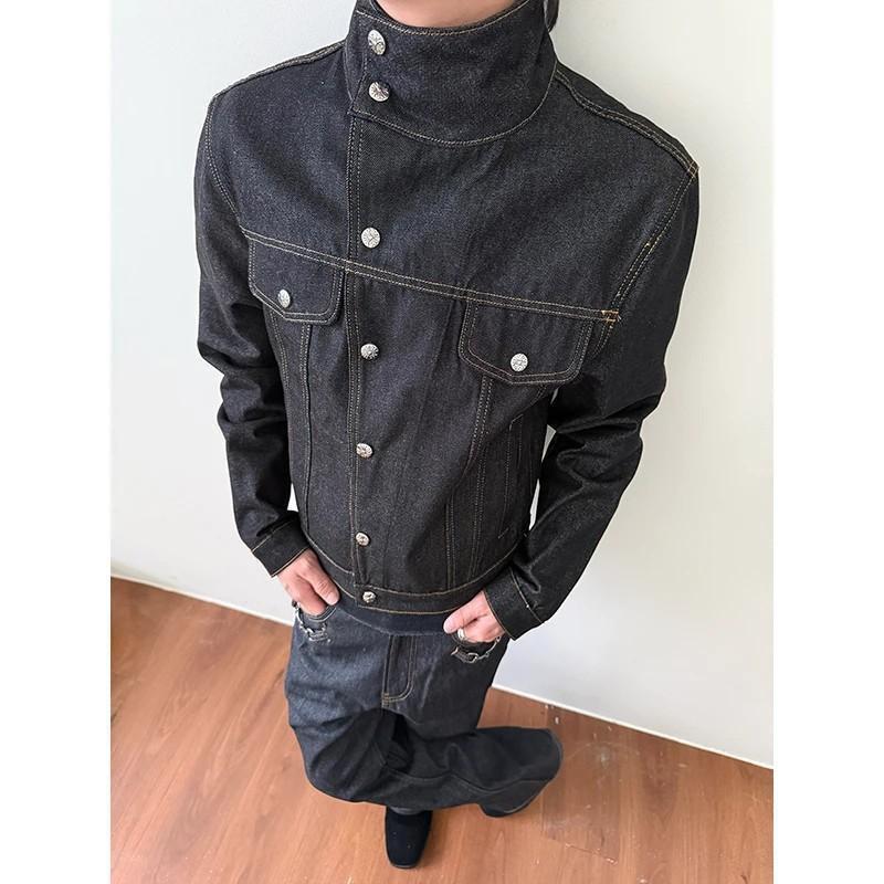 Mens Vintage Washed Denim Jacket With Asymmetrical Zip Front Loose Fit Fall Casual Outerwear