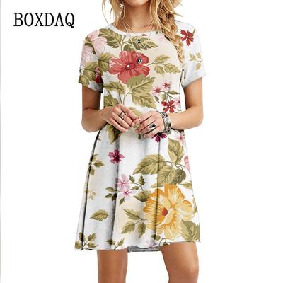 Платья для женщин 2022 года, новое летнее платье с коротким рукавом и цветами, свободное платье, повседневное платье А-силуэта с цветочным принтом, одежда больших размеров