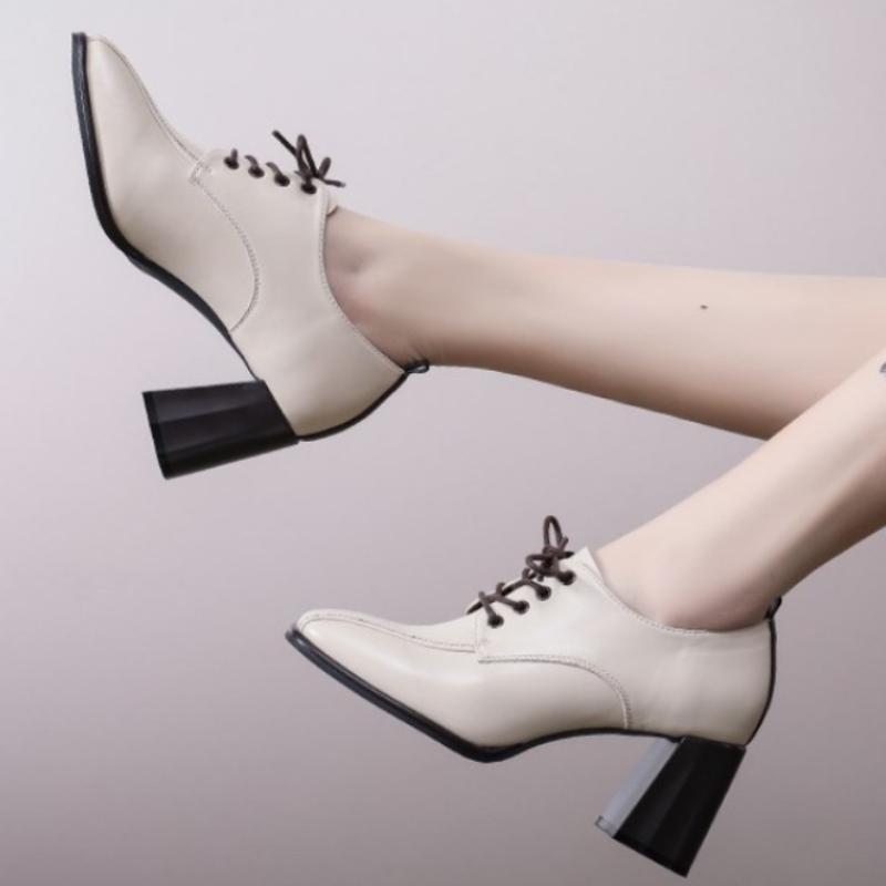 British Style High Heels 2024 Autumn New Women's Square Head Thick Heels Women's Shoes Lace Up Shallow Cut Single Zapatos Mujer