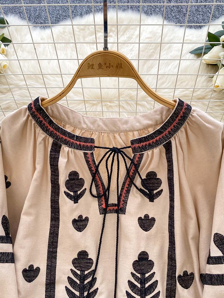 Весна Осень Новая Винтажная Рубашка с Рукавами-Фонариками Женская Вышитая Круглый Вырез Ремешок Свободная Повседневная Блузка Топ