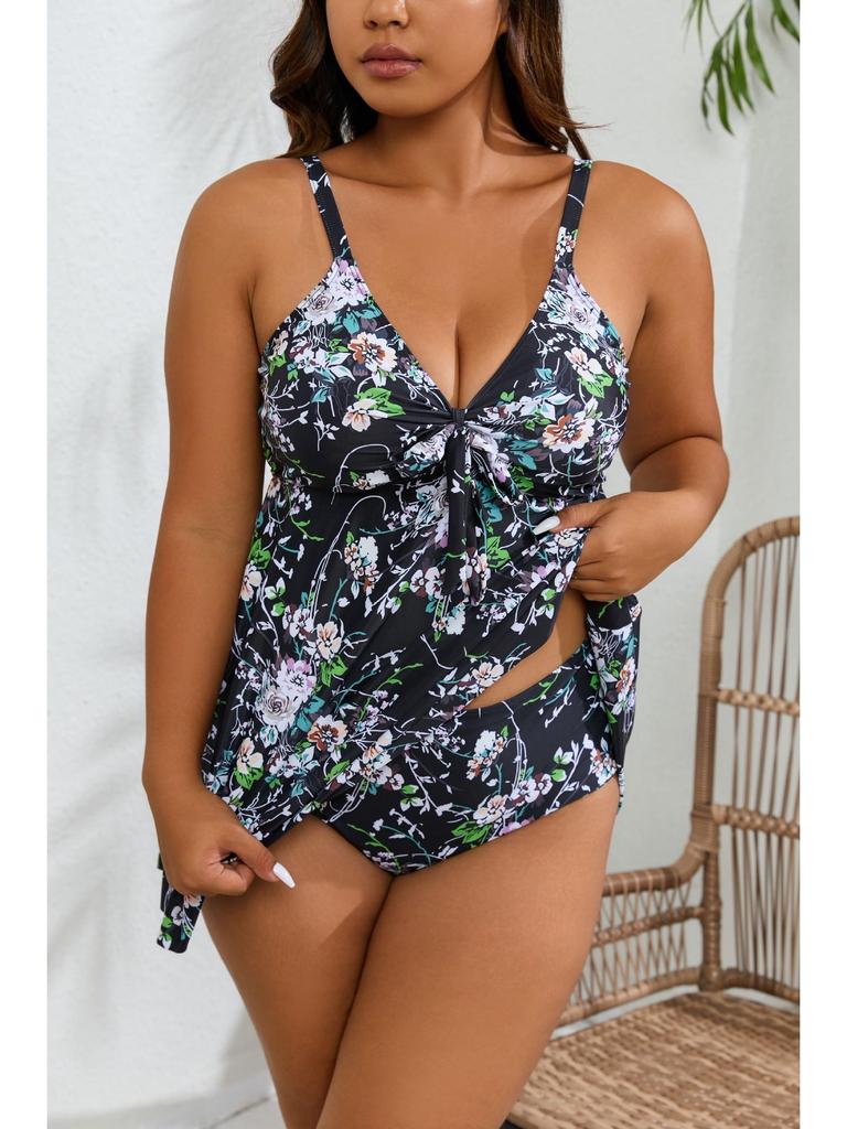 2024 Plus Size Women's Vest Style Two-Piece Swimsuit with Boyleg Swim Trunks - European & American Print Design