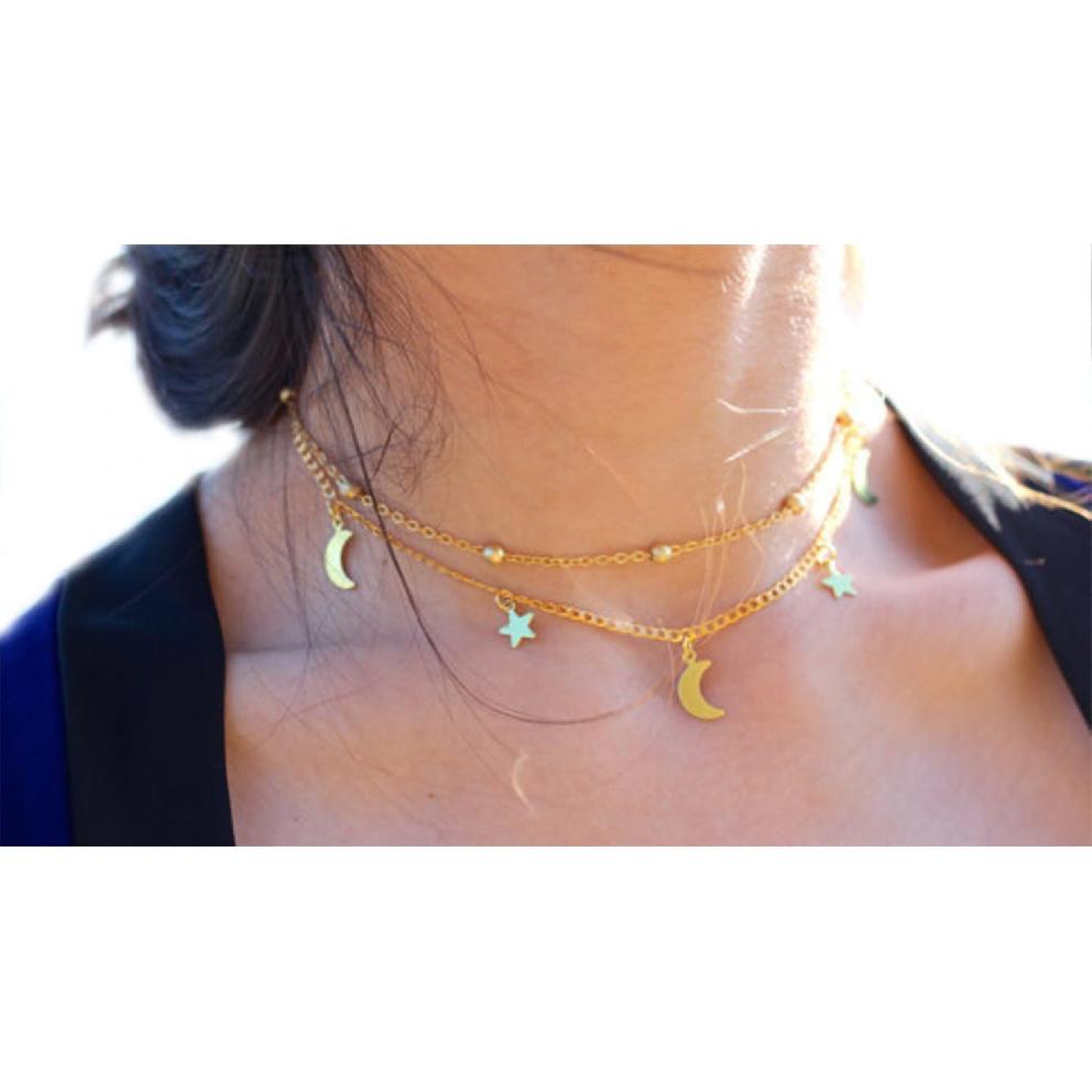 Star Moon Charm Necklace Layering Chain Choker for Women