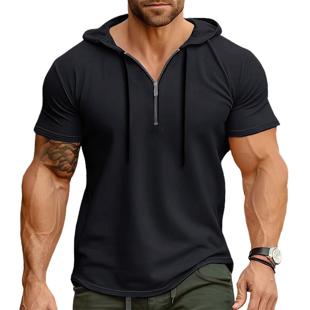 Summer Men's Hooded, Zipped Short-sleeved T-shirt