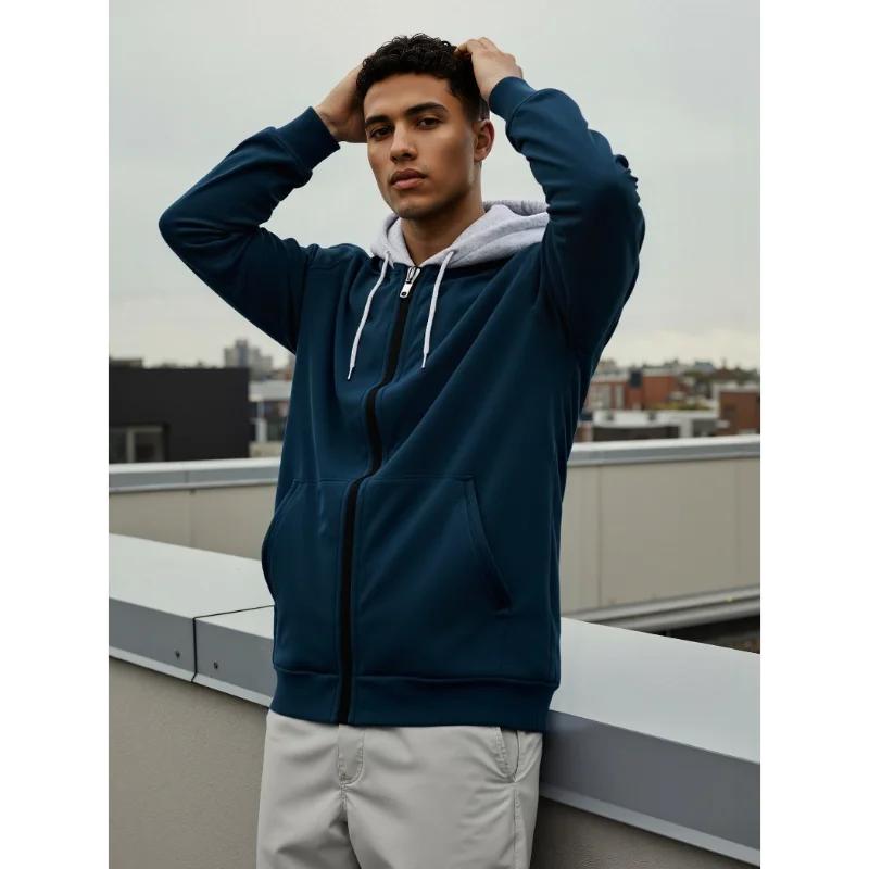 Весна Осень Новая Мужская Корейская Толстовка с Цветными Блоками, Круглый Вырез, На Молнии, Легкий Кардиган, Повседневная, Универсальная Молодежная Куртка