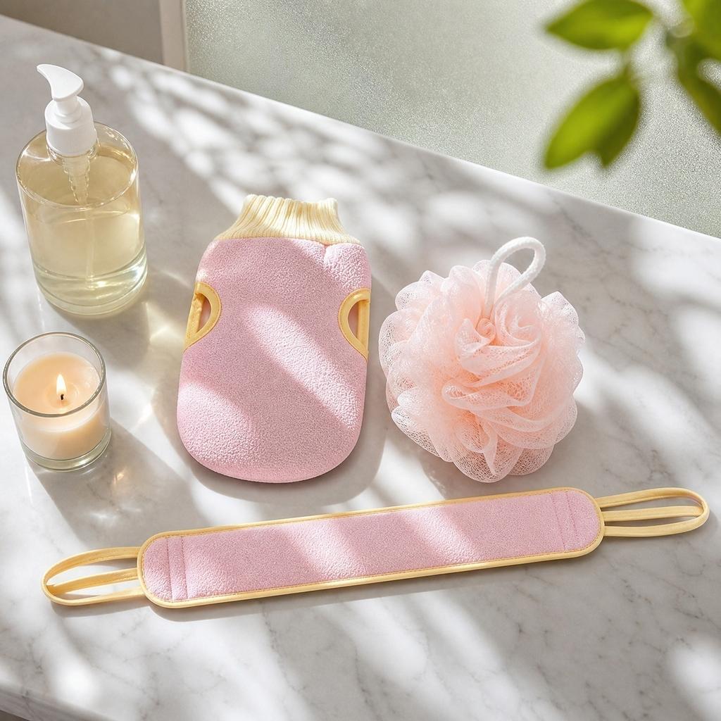 Exfoliating Back Scrubber Strap Bath Sponge Set Double Sided Body Wash Mitt Loofah for Deep Cleansing and Dead Skin Removal