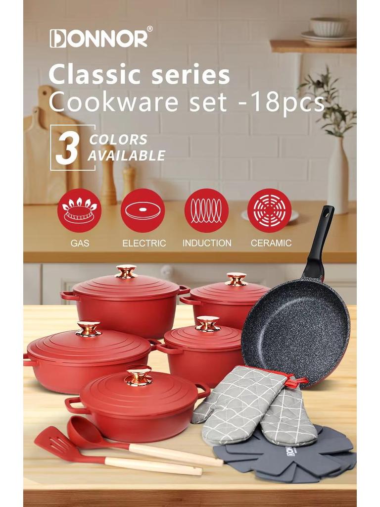 Набор кухонной посуды Donnor из 18 предметов с антипригарным покрытием из маifanского камня с алюминиевыми крышками