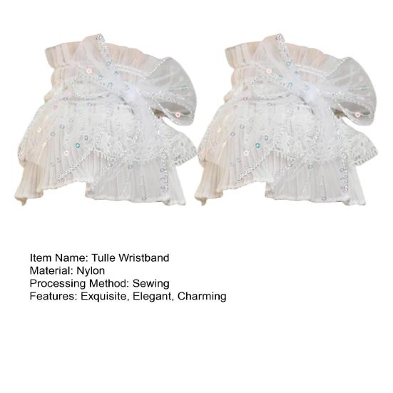 White Lace Wrist Cuffs for Women Short Sequined Tulle Fingerless Gloves Elastic Ruffle Wristband