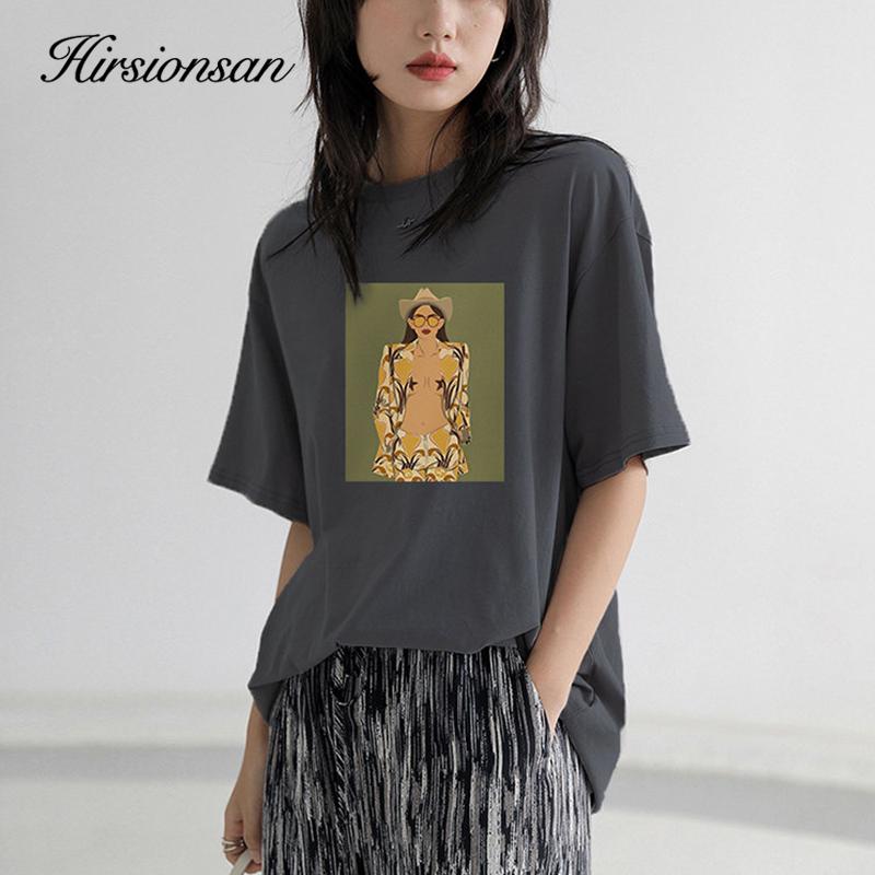 Женские футболки Hirsionsan High Street с графическим рисунком, летние мягкие футболки с круглым вырезом и короткими рукавами, 2023, повседневные свободные хлопковые базовые женские топы