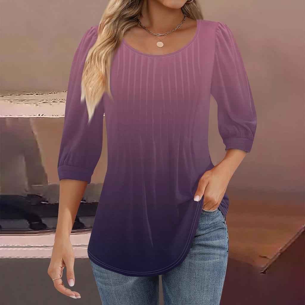 Женские туники с пышными рукавами 3/4, топы, плиссированные блузки с воротником, повседневные свободные весенне-летние футболки