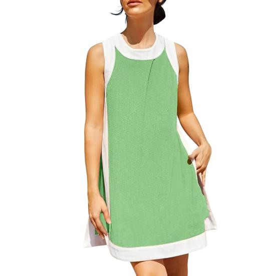 Комплект из двух вещей для женщин Летние наряды в стиле бохо с цветными блоками Без рукавов Круглый вырез Разрез сбоку Мини-платье Повседневные комплекты с шортами для отдыха