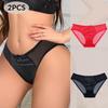 2Pcs Women Mesh Semi Sheer Pu Leather Briefs, Sexy Comfy Breathable Stretchy Intimates Panties Translucent Punk Nightclub Style S M L Xl