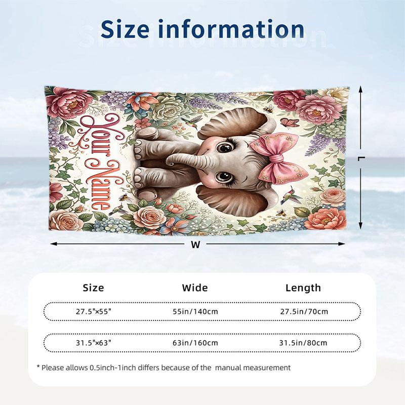 Elephant Theme Beach Towel Personalized Custom Name & Text Soft Quick Dry Beach Towel for Swimming Travel
