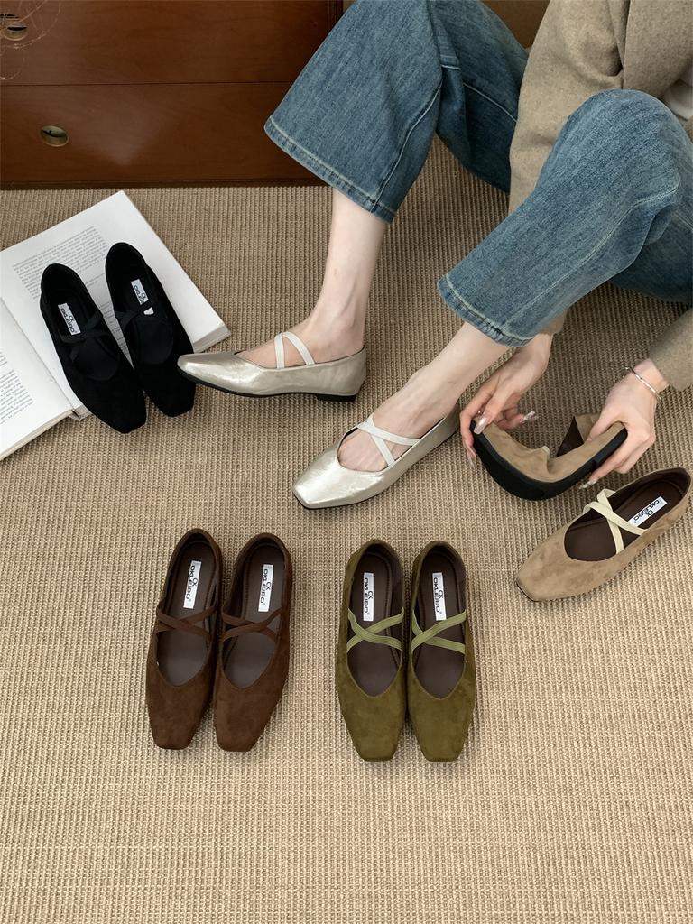 Flat Bottom French Small Square Head Suede Light Mouth Single Shoes Women's Spring and Autumn Evening with Skirt Mary Jane Pregnant Women's Grandma Sh