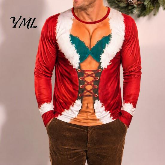 Funny Christmas Shirt Shirt, Hilarious 3D Fake Corset Chest Print Crew Neck Tee Pullover Top, Novelty Long Sleeve Festival Costume for Holiday