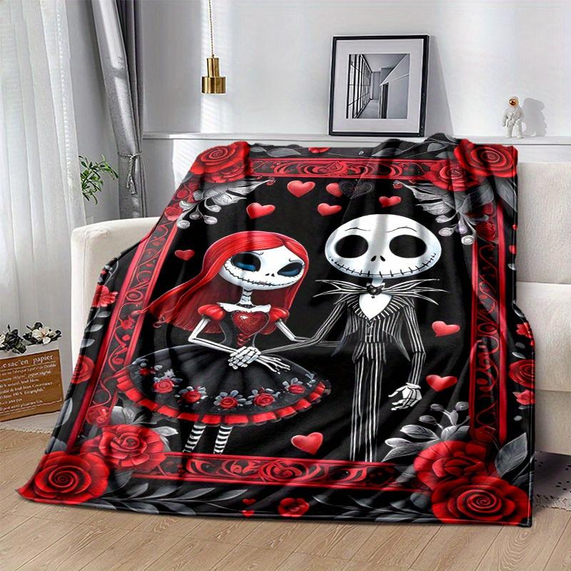1pc, Cozy Home Decor: Jack and Sally Skeleton Couple Flannel Throw Blanket Gift for Bedroom, Living Room, Travel, Camping, Car