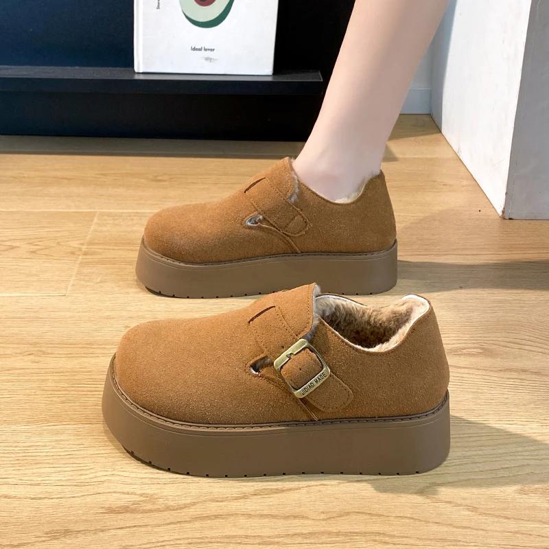 Модные женские модные хлопковые ботинки на толстой подошве Зимние новые замшевые с круглым носком и глубоким вырезом, с металлической пряжкой, нескользящие туфли с низким верхом