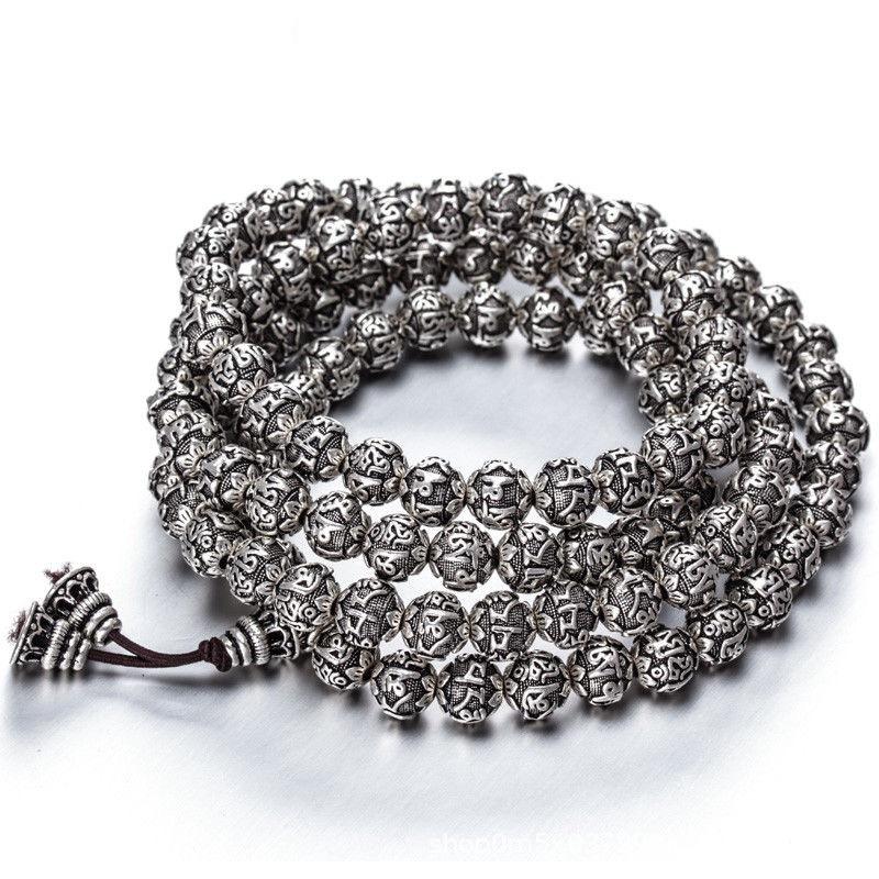 Six-Character Mantra108Buddhist bead bracelet for men and women, imitation Thai silver bracelet and necklace, vintage handmade Tibetan script