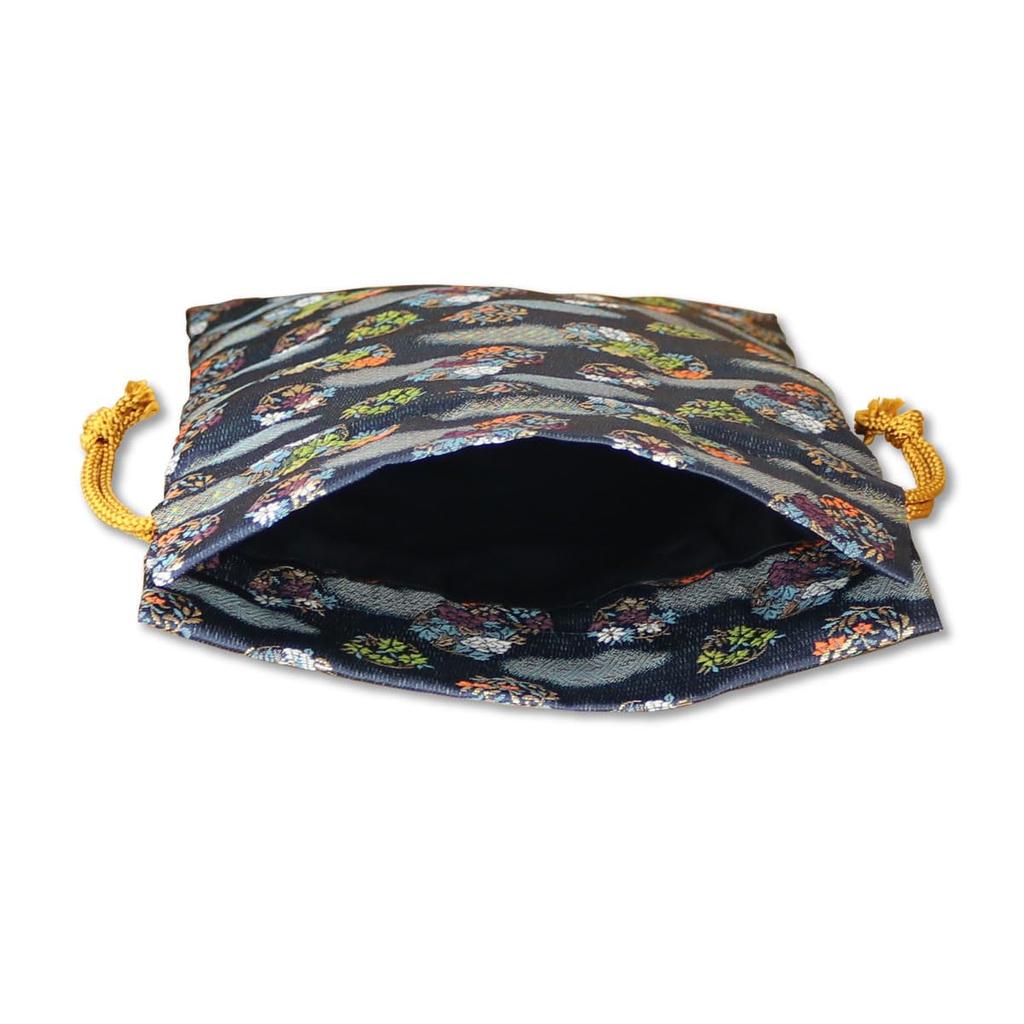 Nishijin-ori Gold Brocade Drawstring Bag (Cloud Wreath (Navy))